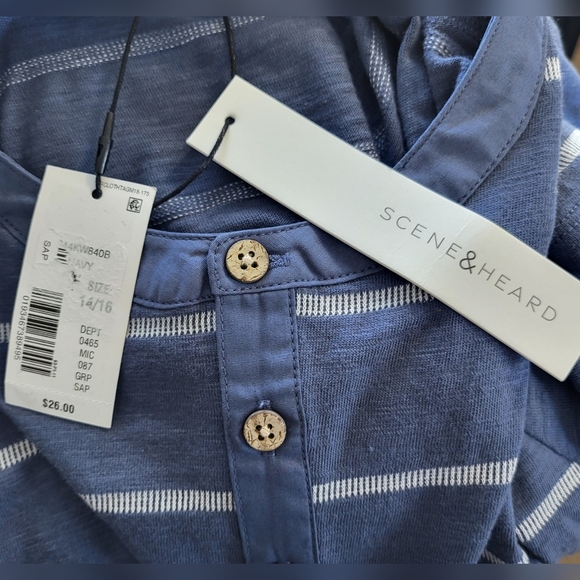 NWT Scene & Heard Boys Blue Short Sleeve‎ Striped Button Henley Shirt Size 14/16 - Picture 3 of 5